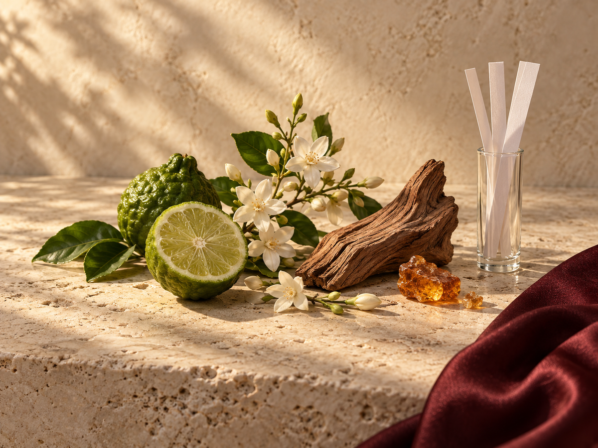 Bergamot, jasmine, wood and amber with fragrance blotters on warm stone
