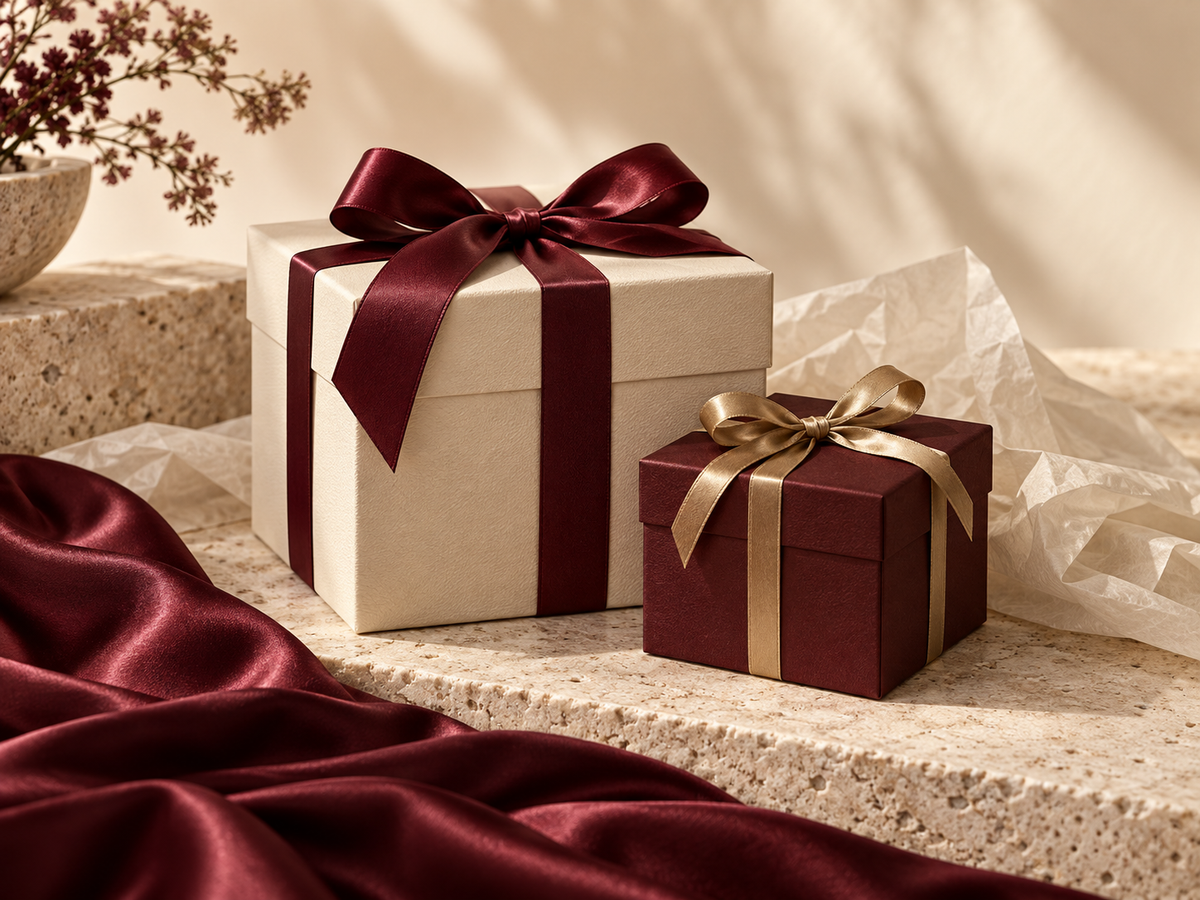Ivory and burgundy gift boxes with satin ribbons